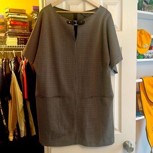 Ralph Lauren, houndstooth dress with leather detail and pockets.